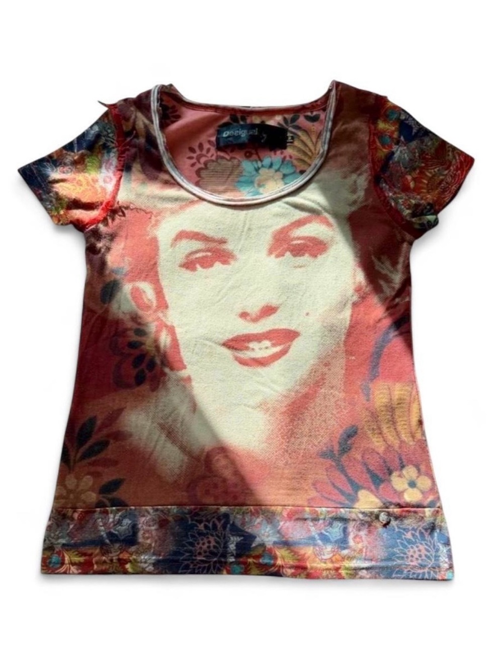 Desigual Coral, Cream and Multicolor Portrait Scoop Tee
